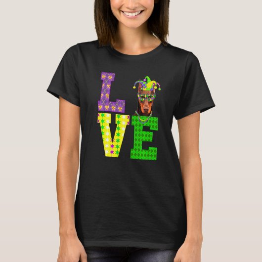 Ik hou van Mardi Gras Grappige Dobermann Hond Mann T-shirt (Voorkant)