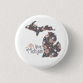 Ik hou van Michigan Playful Floral Pink Brown Blac Ronde Button 3,2 Cm