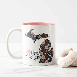 Ik hou van Michigan Playful Floral Pink Brown Blac Tweekleurige Koffiemok