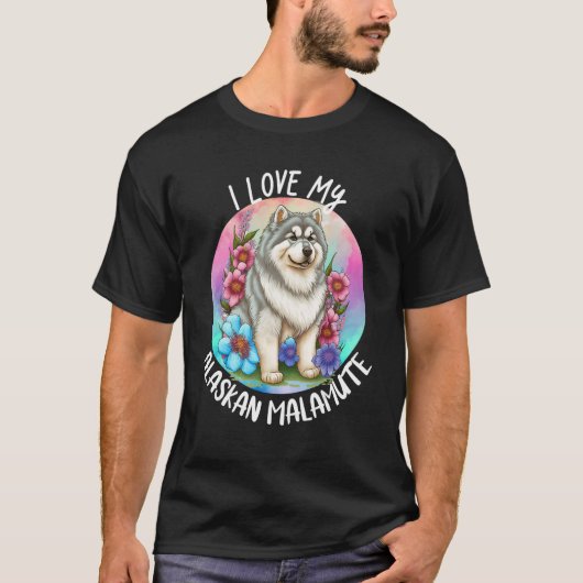 Ik hou van mijn Alaskan Malamute Dog Mam Flowers P T-shirt (Voorkant)