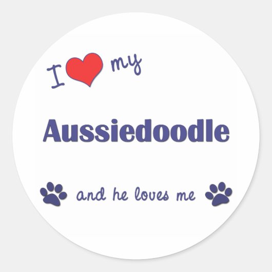 Ik hou van mijn Aussiedoodle (mannelijke hond) Ronde Sticker (Voorkant)