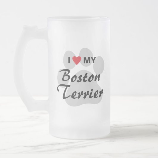 Ik hou van mijn Boston Terrier Pawprint Matglas Bierpul (Links)