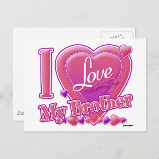 Ik hou van mijn broer roze/paars - hart briefkaart (Voorkant / Achterkant)