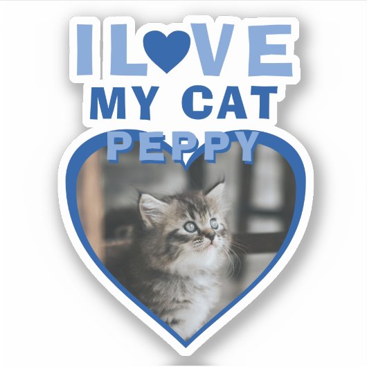 Ik hou van mijn Cat Blue Heart Foto Pet Name Sticker (Voorkant)