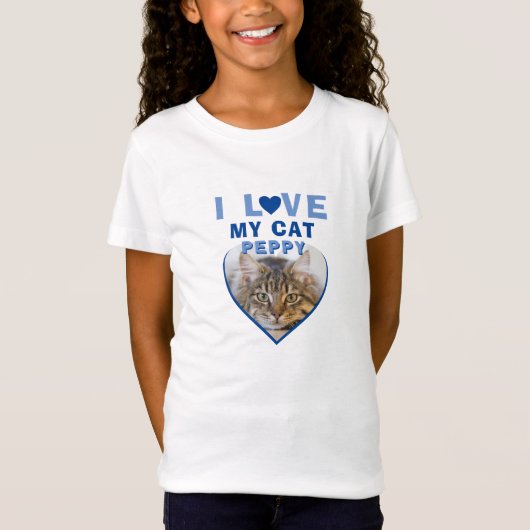 Ik hou van mijn Cat Blue Heart Foto Pet Name T-shirt (Voorkant)