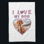 Ik hou van mijn Dog Pink Heart Foto Pet Naam Theedoek<br><div class="desc">Ik hou van mijn keukenhanddoek van de Dog Pink Heart Photo Pet Name. Een petfoto in een vorm van een hart. Voeg uw foto en naam toe.</div>