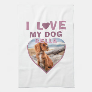 Ik hou van mijn Dog Pink Heart Foto Pet Naam Theedoek