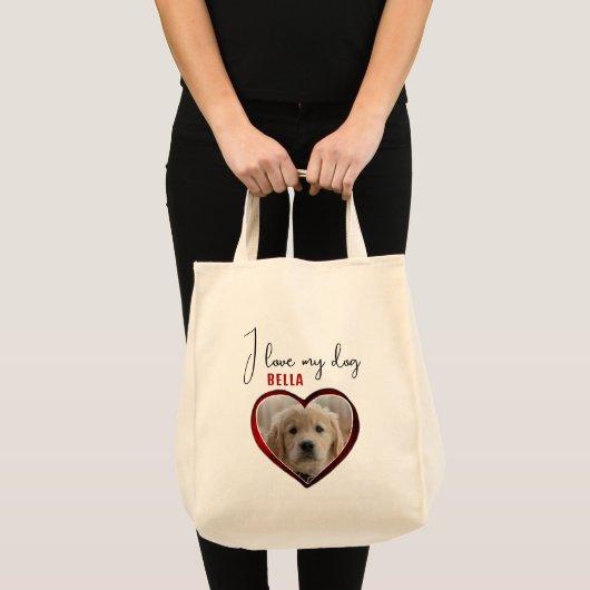 Ik hou van mijn Dog Red Heart Pet Foto Naam Tote Bag (Voorkant (product))