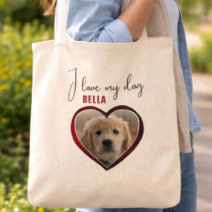 Ik hou van mijn Dog Red Heart Pet Foto Naam Tote Bag