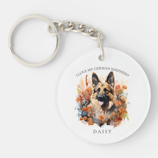 Ik hou van mijn Duitse herder Floral Dog portret Sleutelhanger (Voorkant)