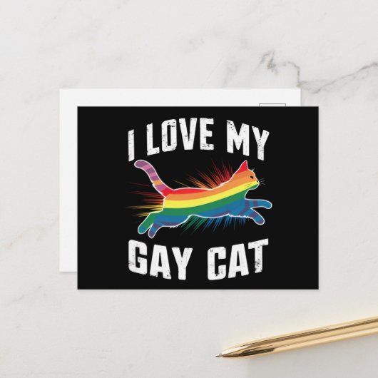 Ik hou van mijn gay cat grappige regenboog trots L Briefkaart (Voorkant / Achterkant in situ)