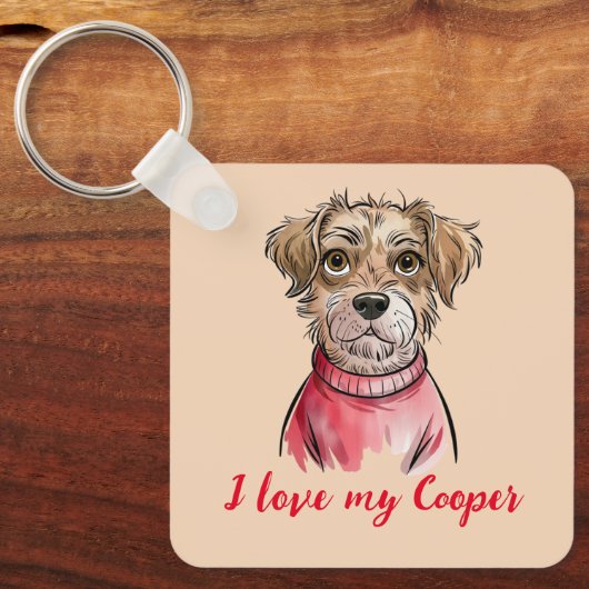 Ik hou van mijn hond aangepaste naam Waterverf Dog Sleutelhanger (Voorkant)