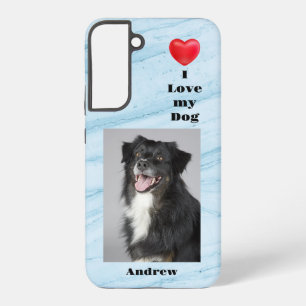 Ik hou van mijn hond foto en naam op Blauwe Marmer Samsung Galaxy Hoesje