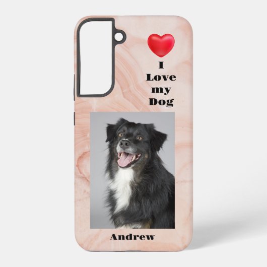 Ik hou van mijn hond foto en naam op roze marmer samsung galaxy hoesje (Achterkant)