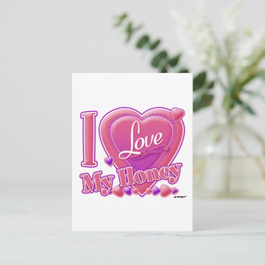 Ik hou van mijn honingroze/paars hart briefkaart (Staand voorkant)