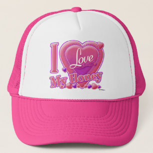 Ik hou van mijn honingroze/paars hart trucker pet