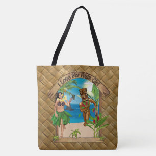 Ik hou van mijn Hula Girl Tiki Lauhala Print Canva Tote Bag