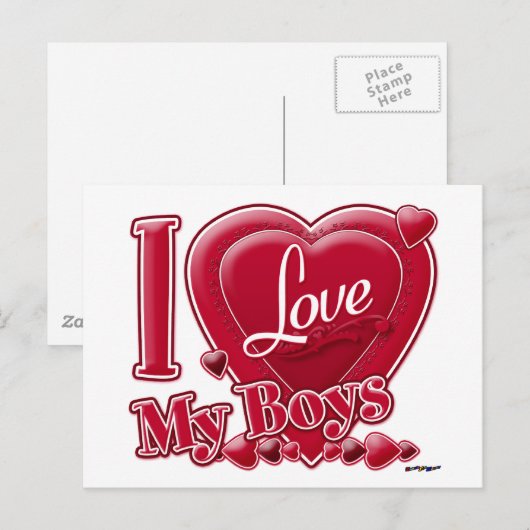 Ik hou van mijn jongens rood - hart briefkaart (Voorkant / Achterkant)