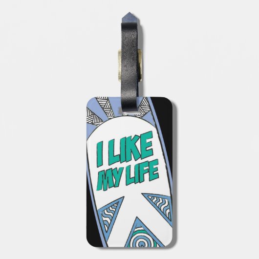 "Ik hou van mijn leven" surf bagagelabel (Achterkant verticaal)