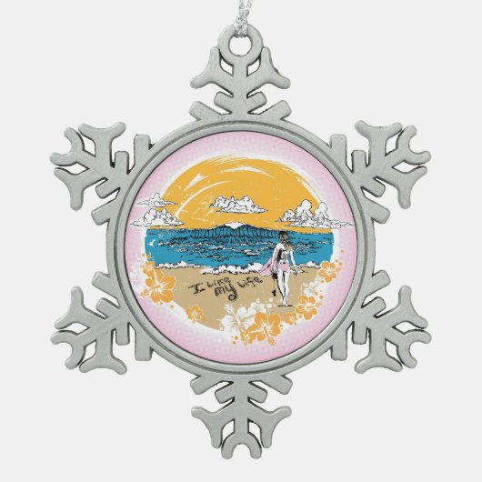 "Ik hou van mijn leven" surf meisje versiering Tin Sneeuwvlok Ornament (Voorkant)