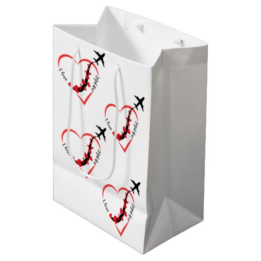 Ik hou van mijn piloot, hart, luchtvaart, Vliegtui Medium Cadeauzakje (Voorkant Gekanteld)