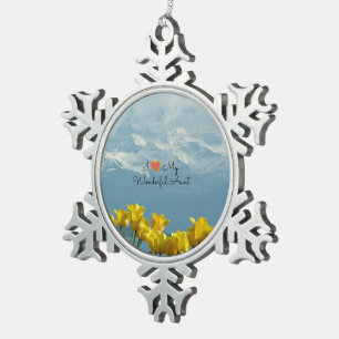 Ik hou van mijn prachtige tante, zonnige gele tulp tin sneeuwvlok ornament