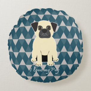Ik hou van mijn Pug, Blauwe diamanten patroon Rond Kussen