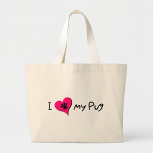 Ik hou van mijn Pug-prijsopgave met Pauw-afdrukken Grote Tote Bag