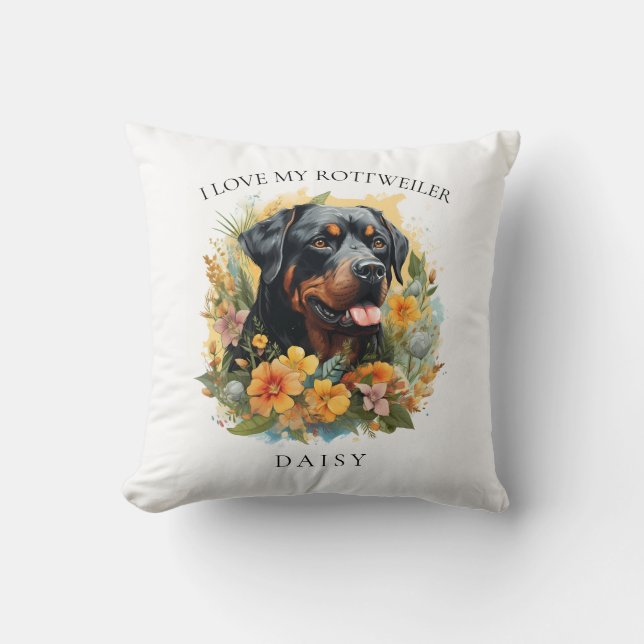 Ik hou van mijn Rottweiler Floral Dog portret Kussen (Voorkant)