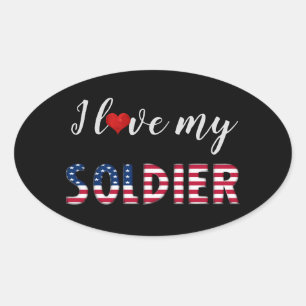 Ik hou van mijn soldaat, Heart American Flag Typog Ovale Sticker