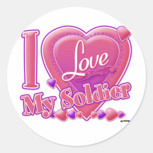 Ik hou van mijn soldaat roze/paars - hart ronde sticker