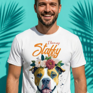 Ik hou van mijn Staffy Pitbull Bloemen Kroon Hond T-shirt