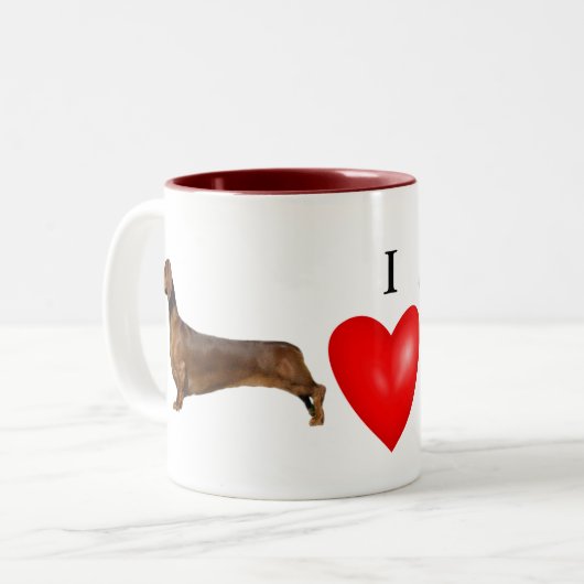 Ik hou van mijn teckel rood hart tweekleurige koffiemok (Voorkant links)