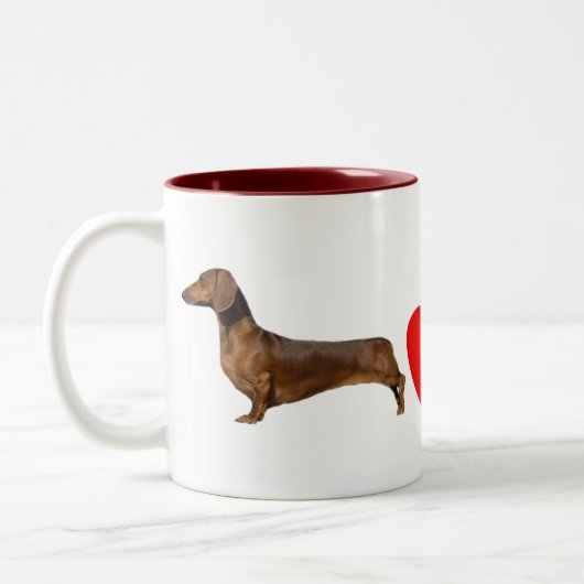 Ik hou van mijn teckel rood hart tweekleurige koffiemok (Links)