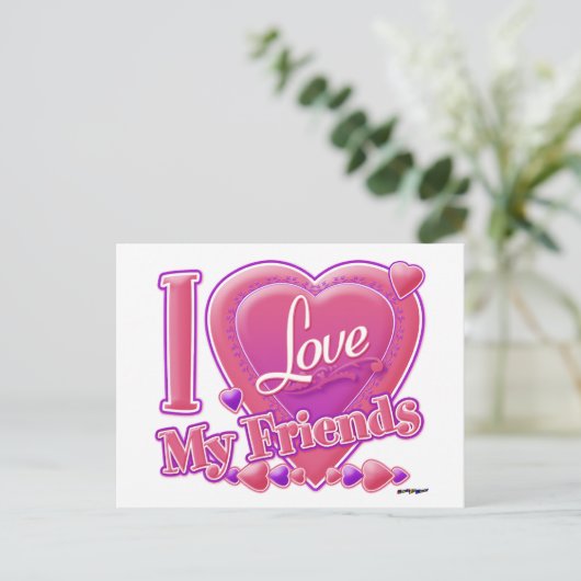Ik hou van mijn vrienden roze/paars - hart briefkaart (Staand voorkant)