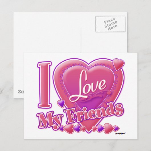 Ik hou van mijn vrienden roze/paars - hart briefkaart (Voorkant / Achterkant)
