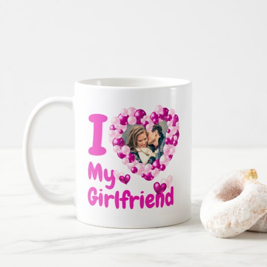 Ik hou van mijn Vriendin Hot Pink Aangepaste foto Koffiemok (Met donut)