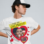 Ik hou van mijn Vriendin rode fototekst y2k T-shirt<br><div class="desc">Creëer van je eigen ik hou van mijn vriendin shirt met deze superkleurrijke shirt sjabloon met 2 foto's in een enorm rood hart en handgeschreven aangepaste tekst op een lichtgeel hoogtepunt. Dit shirt kan een gekruiste, grappige cadeau voor bf-jubileum zijn. Dwing je vriendje om dit superschattige tiktok trend shirt voortdurend...</div>