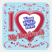 Ik hou van mijn vriendje foto rode harten blauwe h vierkante sticker (Voorkant)