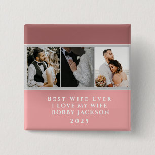 Ik hou van mijn vrouw gepersonaliseerde 3 foto's vierkante button 5,1 cm