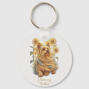Ik hou van mijn Yorkie – Vintage zonnebloem honden Sleutelhanger