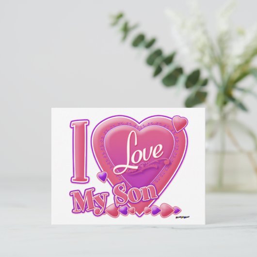 Ik hou van mijn zoon roze/paars - hart briefkaart (Staand voorkant)