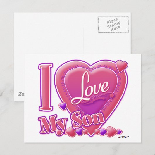Ik hou van mijn zoon roze/paars - hart briefkaart (Voorkant / Achterkant)