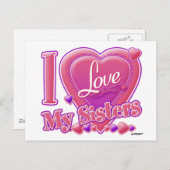 Ik hou van mijn zussen roze/paars - hart briefkaart (Voorkant / Achterkant)