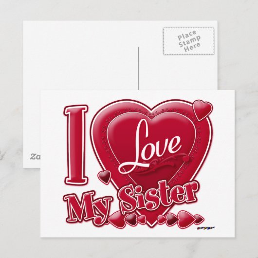 Ik hou van mijn zuster rood - hart briefkaart (Voorkant / Achterkant)
