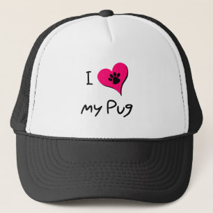 Ik hou van mijn zwarte pug afdrukken op het roze h trucker pet