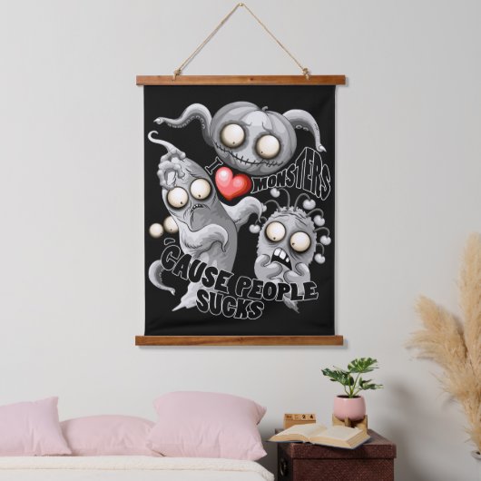 Ik hou van monsters omdat mensen klote zijn hangend wandkleed (Slaapkamer)