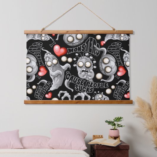 Ik hou van monsters omdat mensen klote zijn hangend wandkleed (Slaapkamer)