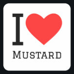 Ik hou van mosterd vierkante sticker<br><div class="desc">Ik hou van mosterd,  voor sauzen liefhebbers</div>