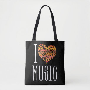 Ik hou van muziek geel Sinaasappel Mandala hart Tote Bag